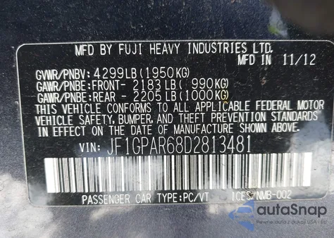 2013 Subaru Impreza 2.0I Sport Limited from USA, damaged, VIN JF1GPAR68D2813481